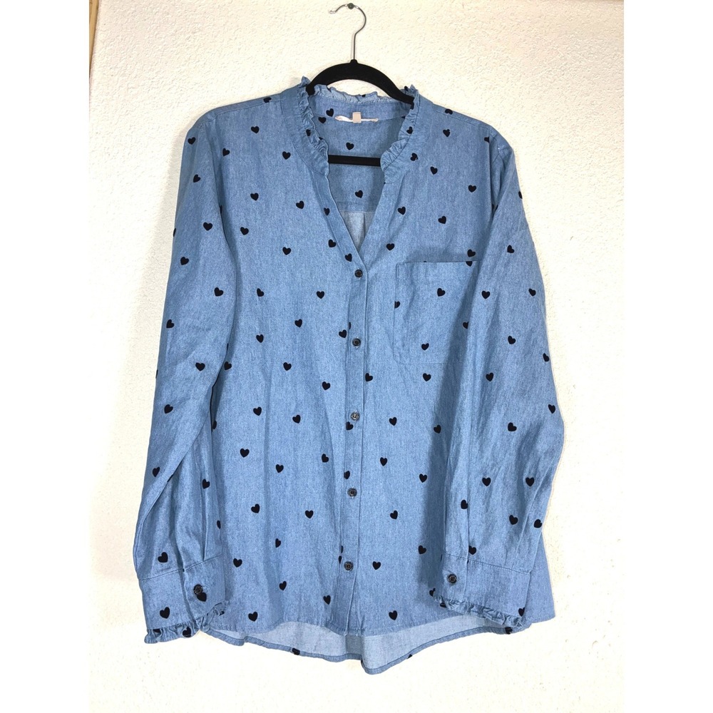 My Danielle Blue Chambray Heart Print Top - XL - Ruffle Neck - Boho Sweet Vibes